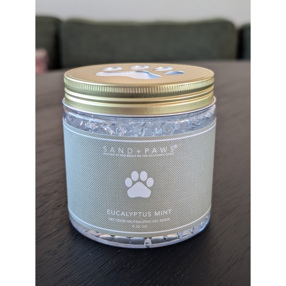 Sand + Paws Eucalyptus Mint Pet Odor Neutralizing Gel Beads 9.35 oz Gold Lid New